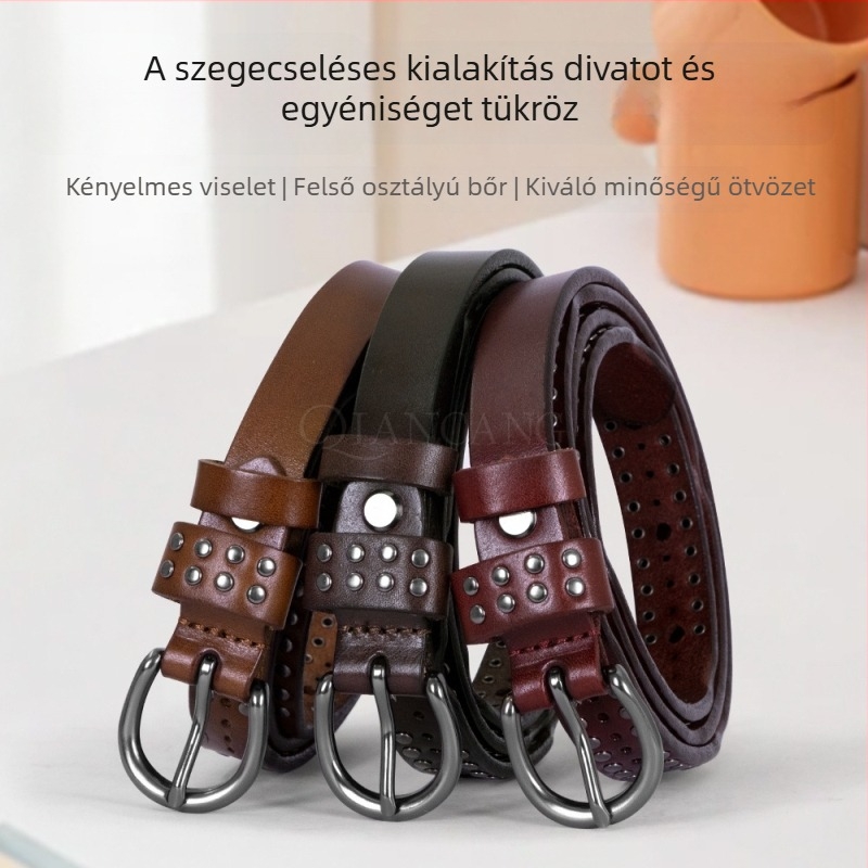 Női valódi bőrből készült öv kettős soros szegecsekkel és tűs csattal, sokoldalú dekoratív öv nadrágokhoz