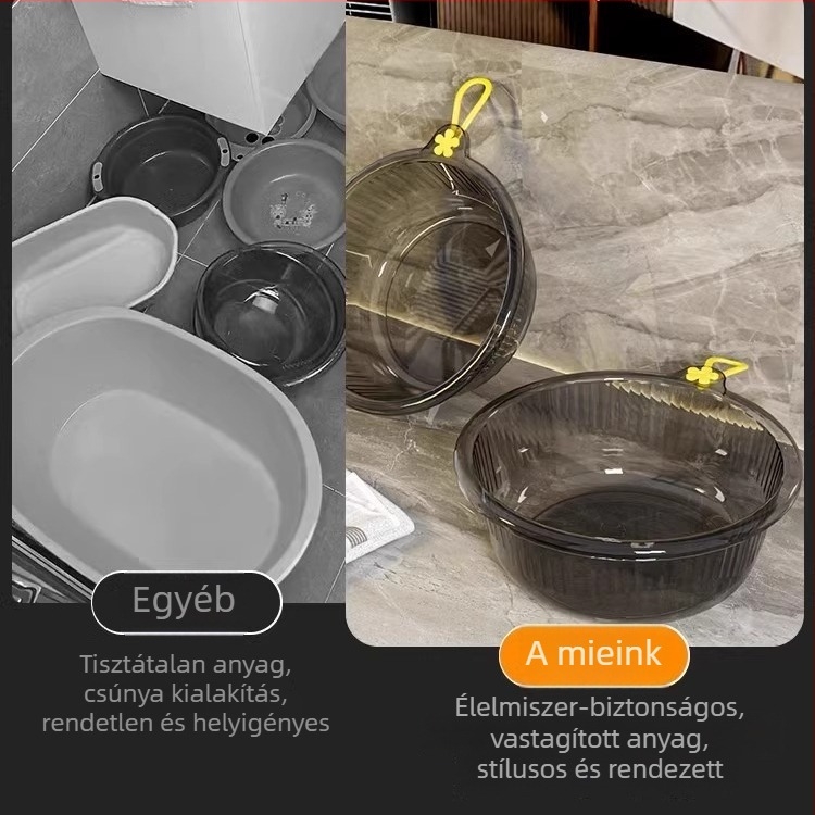 Átlátszó PET vastagított mosóedény arcápoláshoz, háztartási konyhai zöldségmosáshoz és tésztagyúráshoz — modern, letisztult kivitel