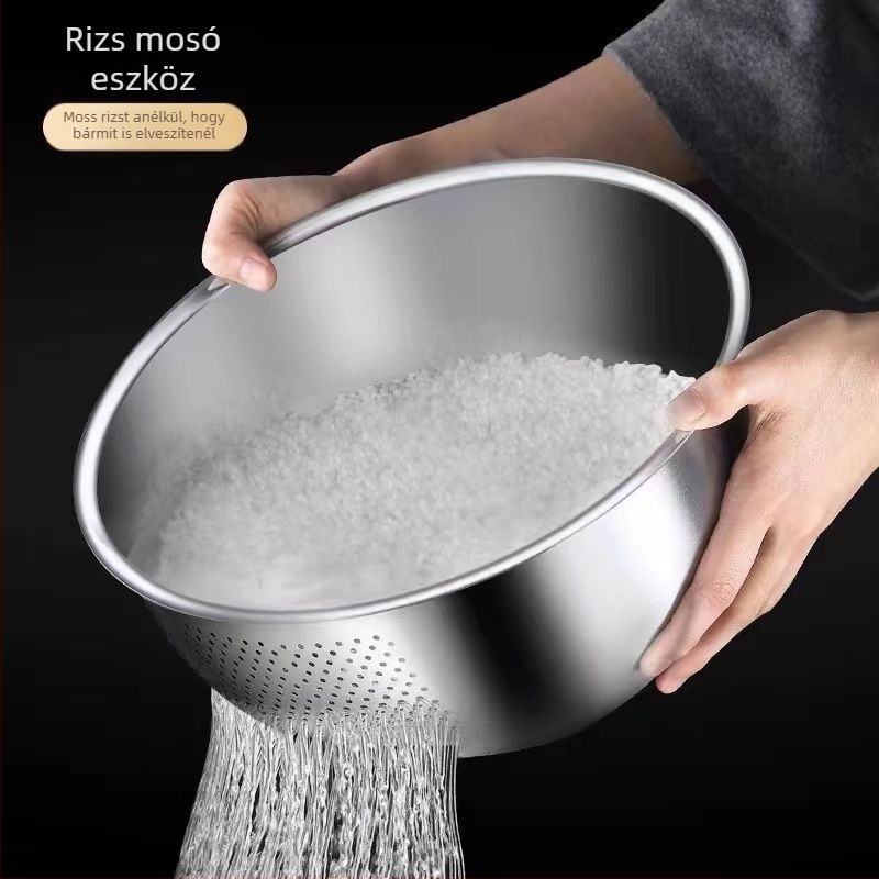 Extra vastag rozsdamentes acél konyhai mosóedény rizs, zöldség és gyümölcs mosására; többfunkciós szűrő- és leeresztő kosár