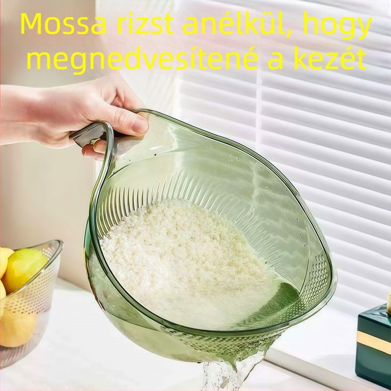 Műanyag rizsöblítő kosár fogantyúval — konyhai szűrőkosár rizshez, gyümölcsökhöz és zöldségekhez