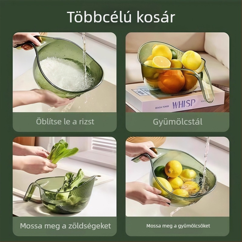 Műanyag rizsöblítő kosár fogantyúval — konyhai szűrőkosár rizshez, gyümölcsökhöz és zöldségekhez