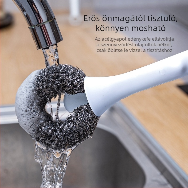 Hosszú nyeletű edénytisztító kefe rozsdamentes acélból, vas edényekhez, felületeket kímélve, 304-es acéldrótgolyóval.