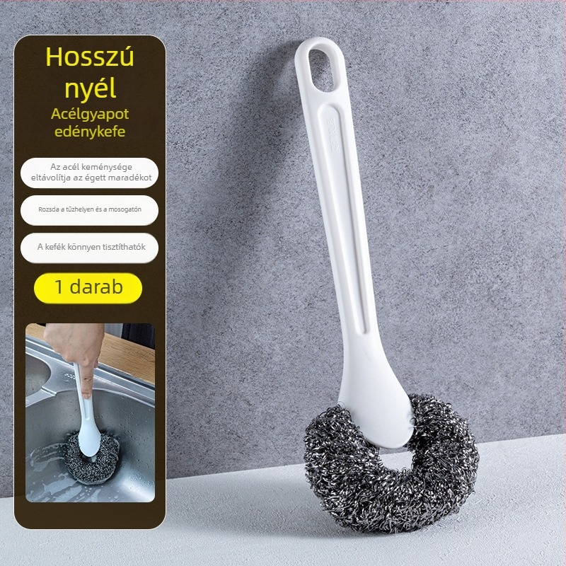 Hosszú nyeletű edénytisztító kefe rozsdamentes acélból, vas edényekhez, felületeket kímélve, 304-es acéldrótgolyóval.