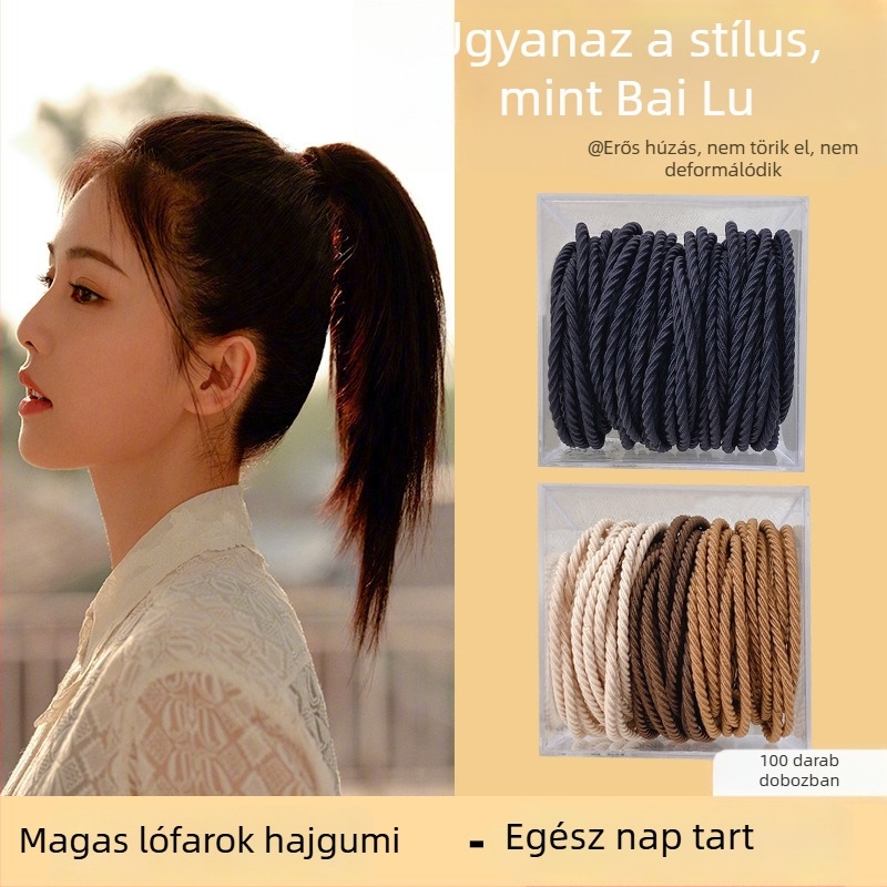 50 darabos hajgumi dobozban, textil zsinórral és bőr kupakkal, kézzel készített, tartós és rugalmas, minimalistán elegáns nőknek