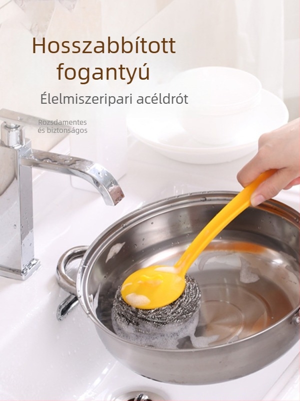Rozsdamentes acél 304-es golyós kefe fogantyúval – konyhai edények és fazekak tisztítására