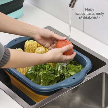 Összecsukható kétszintes mosóedény zöldségekhez, négyzetes konyhai edényállvány, kihúzható lefolyó kosárral