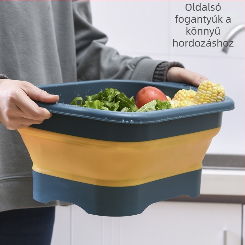 Összecsukható kétszintes mosóedény zöldségekhez, négyzetes konyhai edényállvány, kihúzható lefolyó kosárral