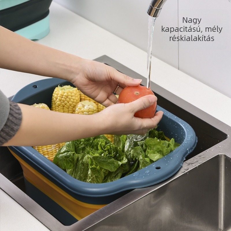 Összecsukható kétszintes mosóedény zöldségekhez, négyzetes konyhai edényállvány, kihúzható lefolyó kosárral