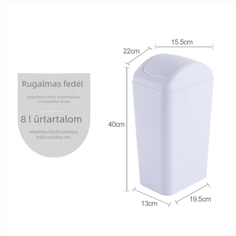 Otthoni szemetes 8 literes, hosszú keskeny hengeralakú, lengőfedéllel, fürdőszobába, nappaliba, hálószobába és irodába