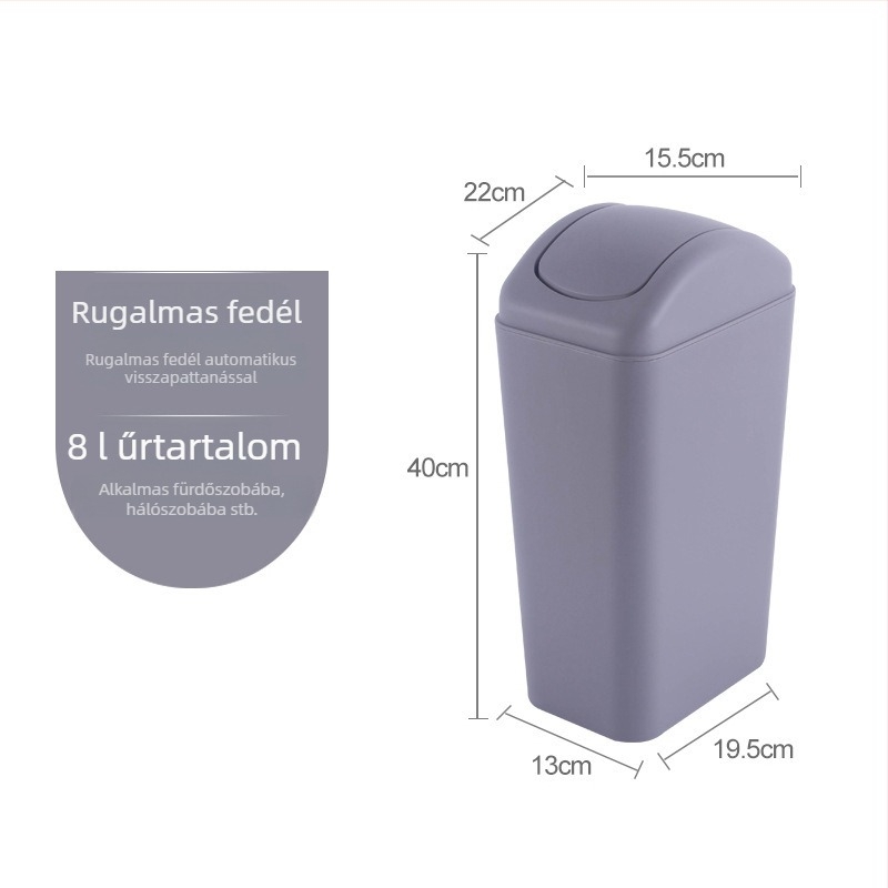 Otthoni szemetes 8 literes, hosszú keskeny hengeralakú, lengőfedéllel, fürdőszobába, nappaliba, hálószobába és irodába