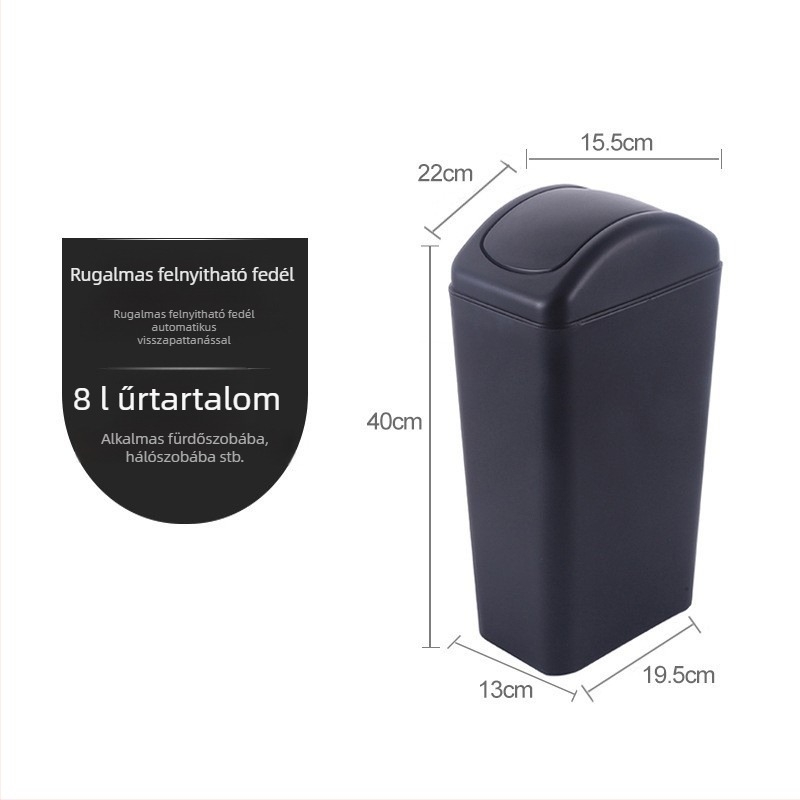 Otthoni szemetes 8 literes, hosszú keskeny hengeralakú, lengőfedéllel, fürdőszobába, nappaliba, hálószobába és irodába