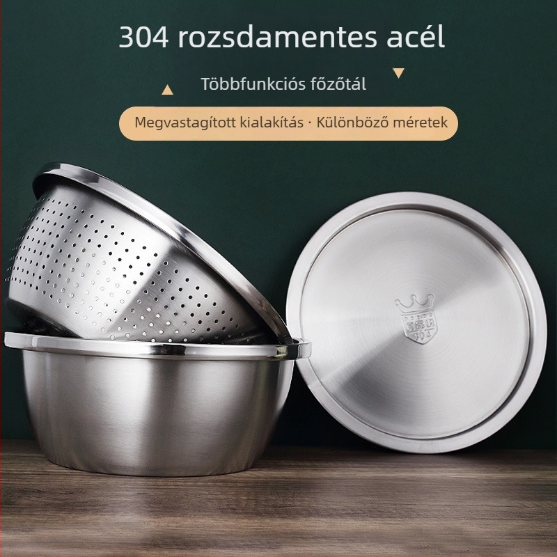 304 rozsdamentes acél konyhai mosóedény fedővel, élelmiszer-minőségű, vastagított kivitel, többfunkciós tojásfelveréshez, tészta dagasztásához, zöldségek mosásához és leszűréshez, nagy méret