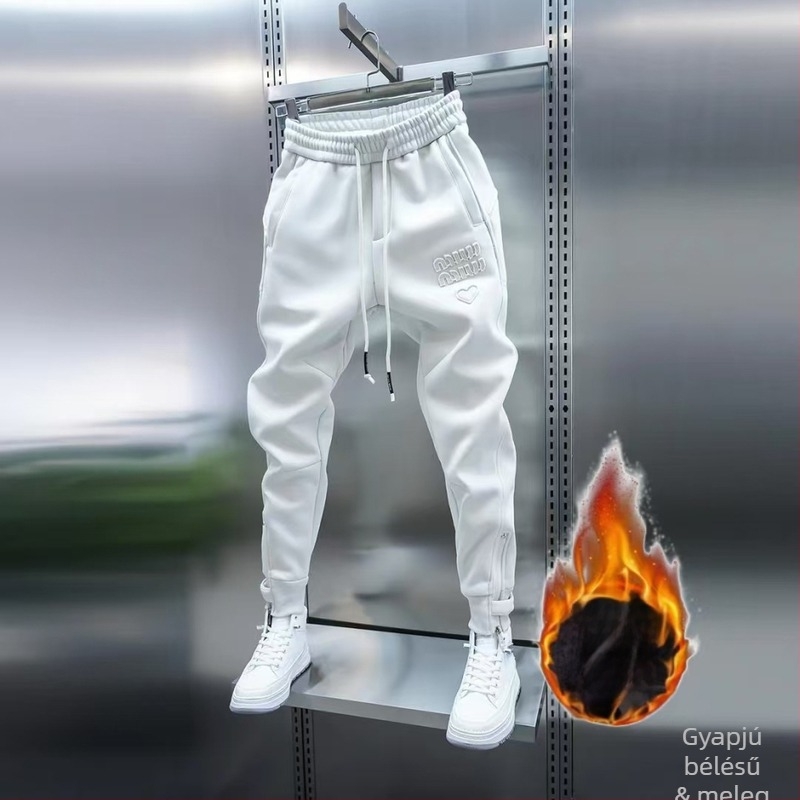 2025 Férfi őszi-téli sokoldalú jogging nadrág, egyszínű, elasztikus derekú, karcsú szabás, fleece belsővel