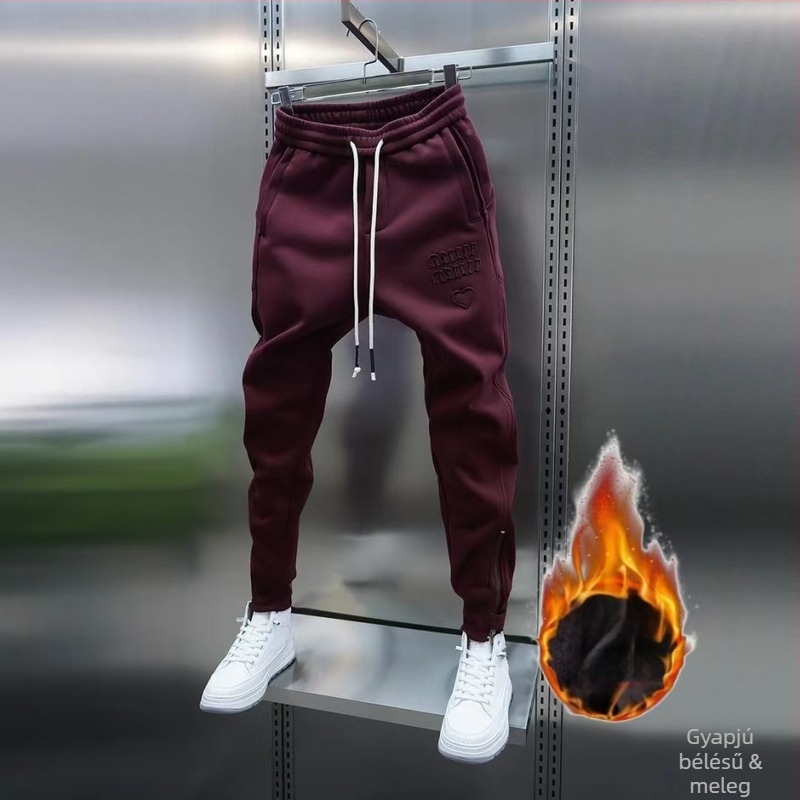 2025 Férfi őszi-téli sokoldalú jogging nadrág, egyszínű, elasztikus derekú, karcsú szabás, fleece belsővel