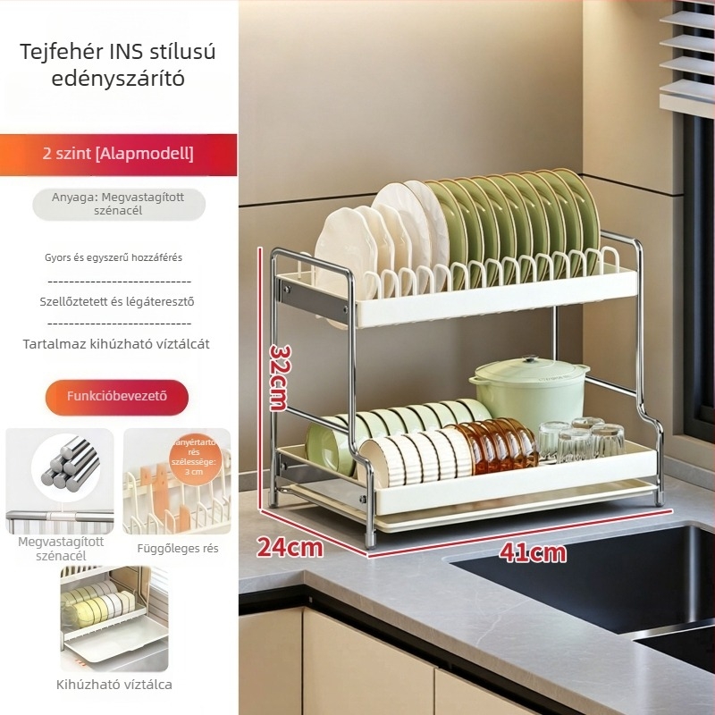 Szénacélból készült edény- és tálrendező a munkalapra – minimalistikus konyhai szárító