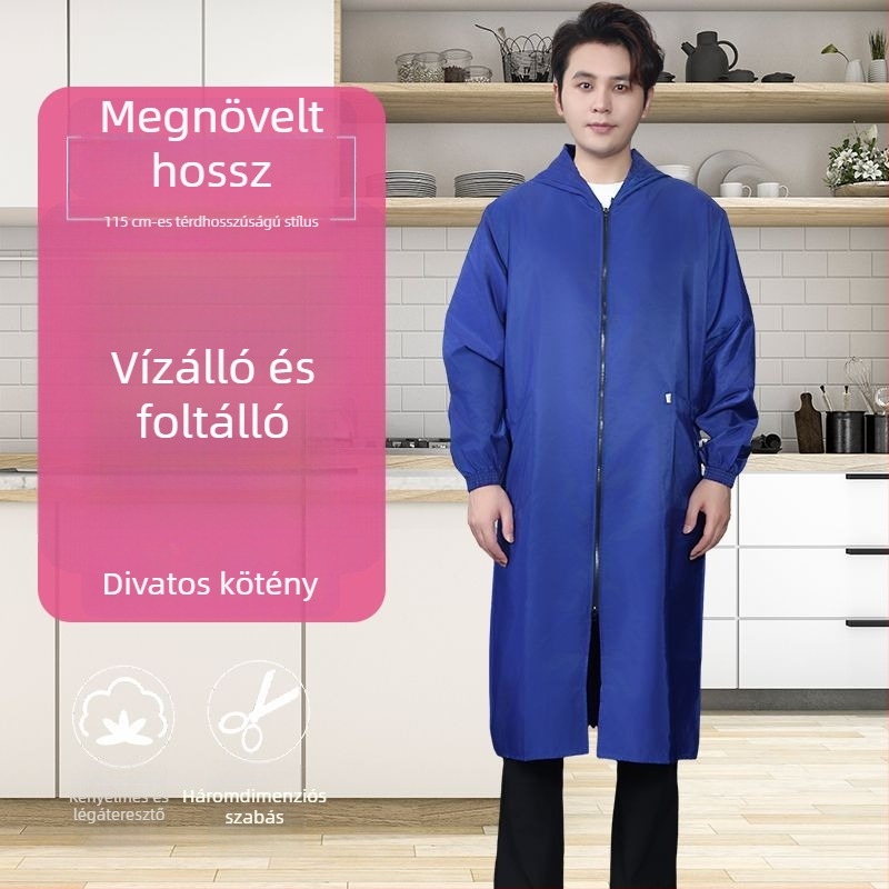 Hosszú ujjú kötény felnőtt számára, vízálló és olajálló, cipzárral, konyhai munkaruházat