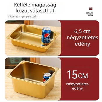 32 cm méretű, rozsdamentes acélból készült, téglalap alakú tál fedővel és osztólemezzel