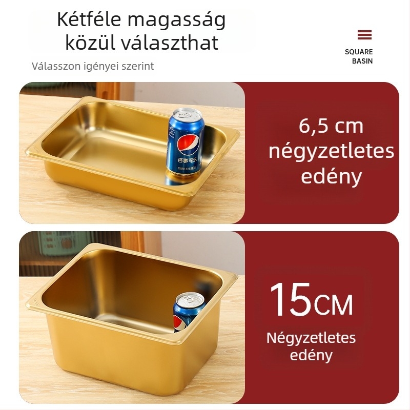 32 cm méretű, rozsdamentes acélból készült, téglalap alakú tál fedővel és osztólemezzel