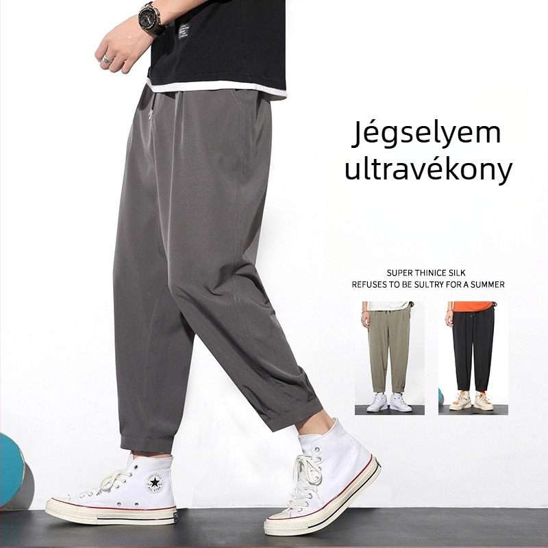 Férfi gyorsan száradó Ice Silk anyagú sportos nadrág, légáteresztő, lazán szabott, 3/4 hosszú, középső derék, övvel