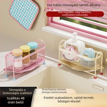 Kétszintes konyhai mosogató szervező a munkalapon – tartó szivacsra, edényrongyra és acélgyapot a tisztításhoz