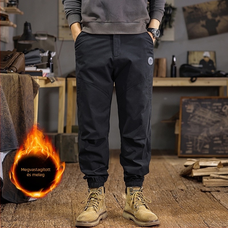 Férfi őszi-téli patchwork munkaruházat stílusú jogger nadrág, 100% pamut, vastag fleece belső, laza szabás, plusz méret