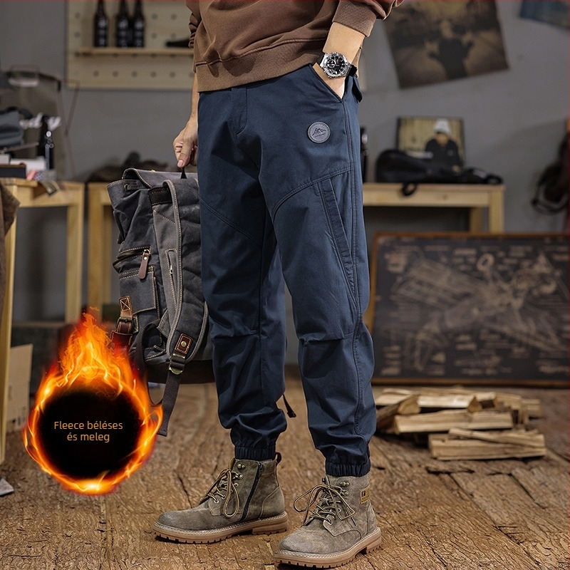 Férfi őszi-téli patchwork munkaruházat stílusú jogger nadrág, 100% pamut, vastag fleece belső, laza szabás, plusz méret