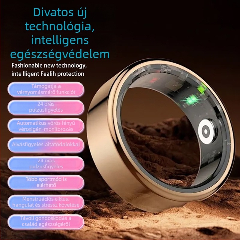 Bluetoothos egészségügyi monitorozó gyűrű: pulzus, véroxigén szint és alvás nyomon követése, automatikus detektálás és beépített kamera
