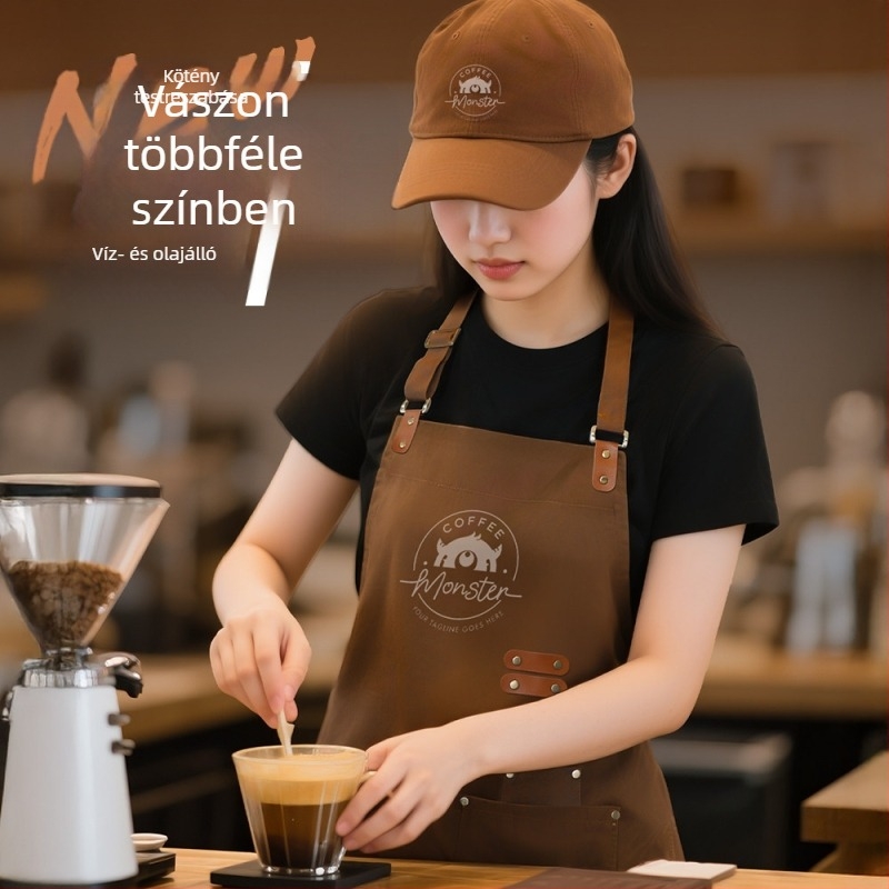 Vászonból készült vízálló és olajálló kötény egyedi logóval, catering, kávézók és tej-tea üzletek személyzete számára.