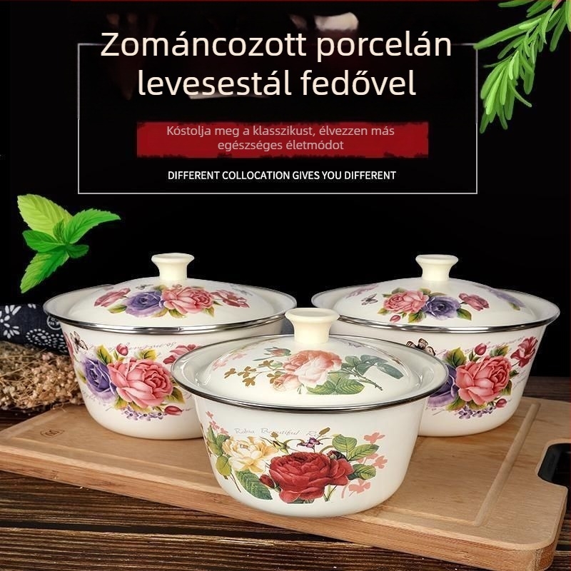Fedéllel ellátott zománcozott edény disznózsírral, nagy hőállóságú, töltelék keverésére és tészta dagasztására, retró zománcú konyhai eszköz