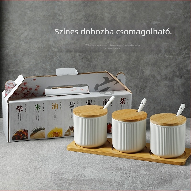 Morandi színű kerámia fűszertartó készlet kanállal, fedőkkel és bambusz tálcával