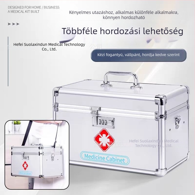 Ezüst színű jelszavas záras gyógyszeres doboz, alumínium ötvözetből, hordozható elsősegély-doboz