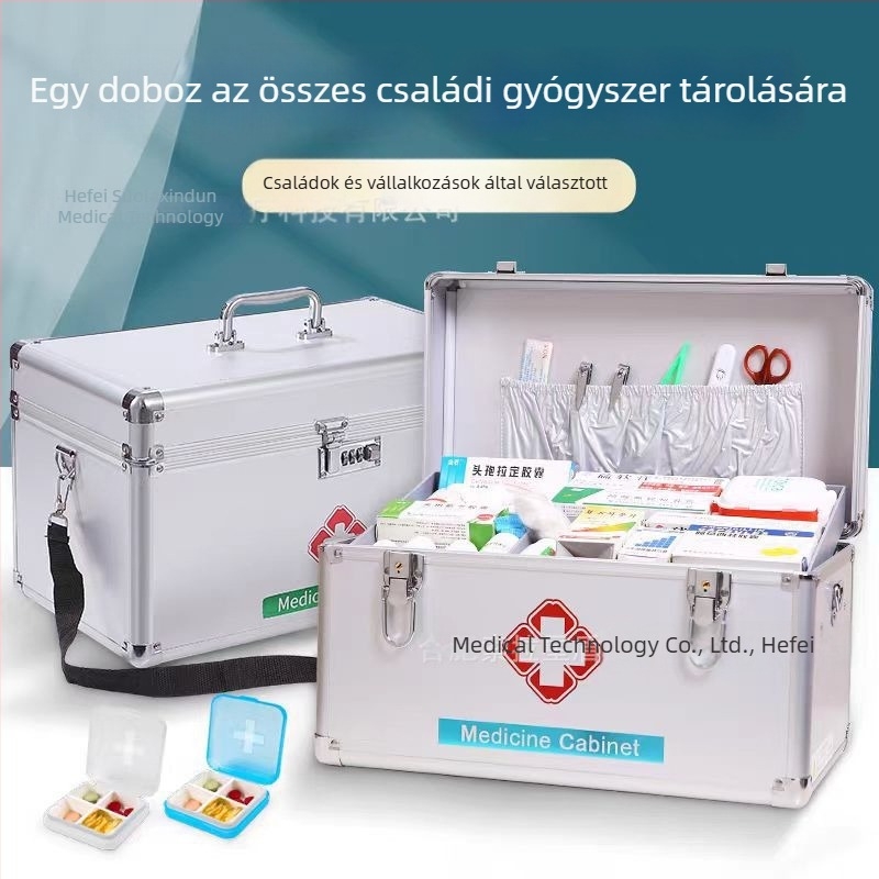 Ezüst színű jelszavas záras gyógyszeres doboz, alumínium ötvözetből, hordozható elsősegély-doboz