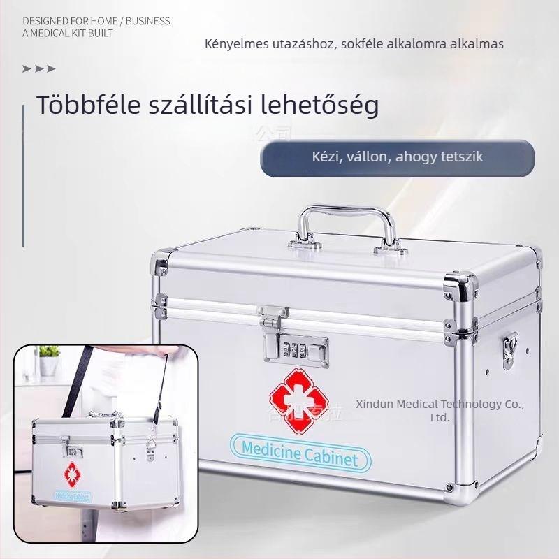 Ezüst színű jelszavas záras gyógyszeres doboz, alumínium ötvözetből, hordozható elsősegély-doboz