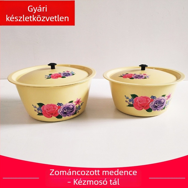Zománcozott kézmosó tál fedéllel, vintage háztartási leveses tál mintával