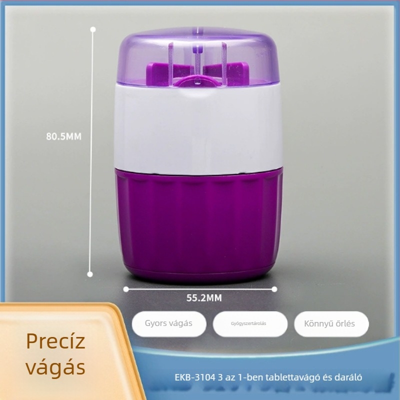 Élelmiszer-minőségű rozsdamentes acélból készült tablettamörítő, 3 az 1-ben, tárolóval és vágóval