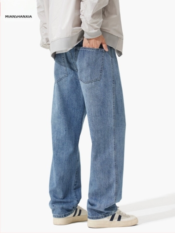 Férfi kék denim farmernadrág, laza szabású, egyenes és széles szárú, nagy méretek, mosott