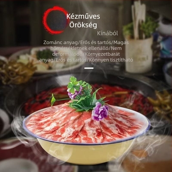 Vastagított hajlított élű régi stílusú zománcozott levesestál, nagy méret, élelmiszer-biztonságos otthoni használatra