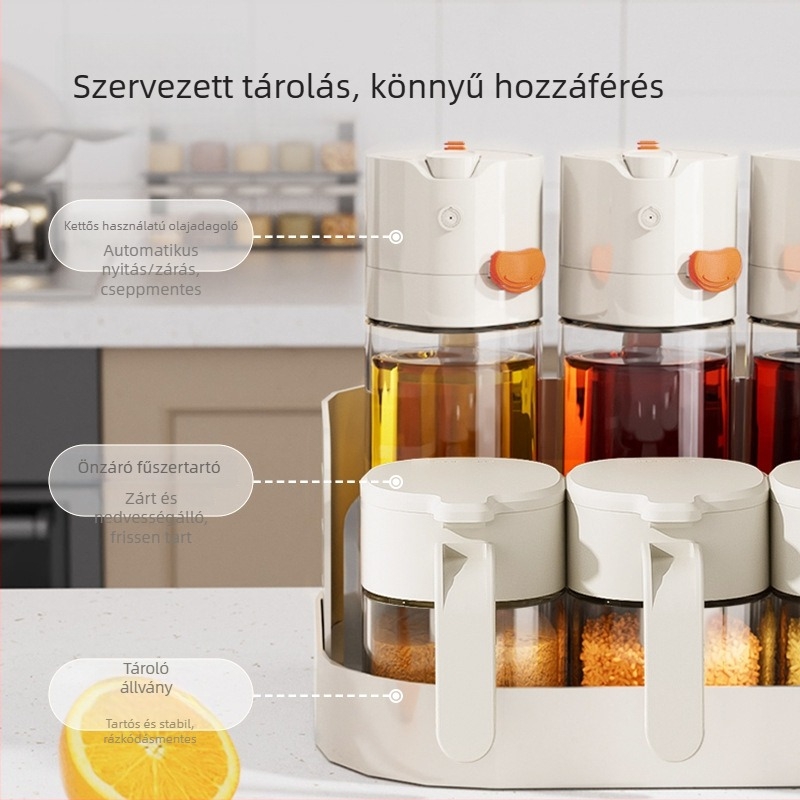 Kétszintes fűszertartó a konyhapulton zárható üvegekkel olaj, só, szósz és ecet számára