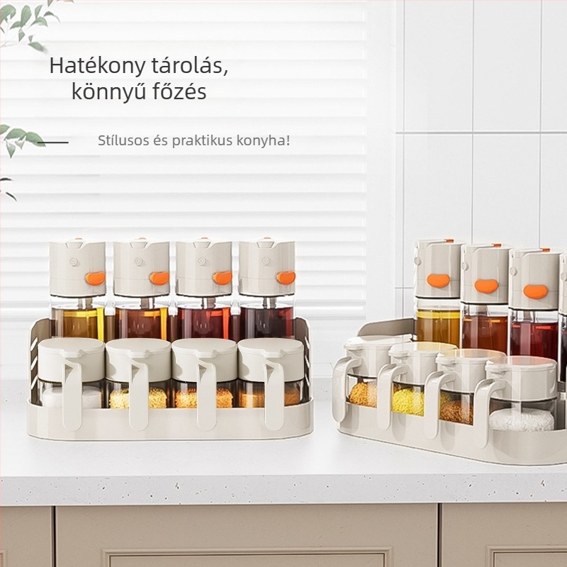 Kétszintes fűszertartó a konyhapulton zárható üvegekkel olaj, só, szósz és ecet számára
