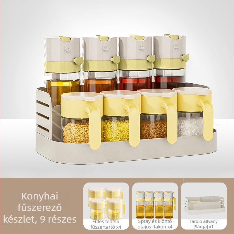 Kétszintes fűszertartó a konyhapulton zárható üvegekkel olaj, só, szósz és ecet számára