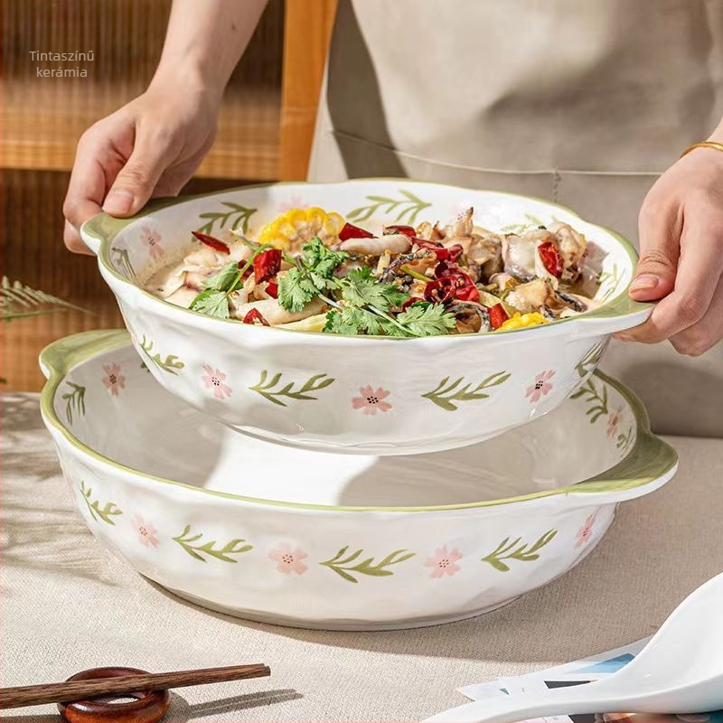Nagy méretű porcelán tál savanyú káposztás halhoz, aláglazúrozott szín, dupla fogantyús levesestál
