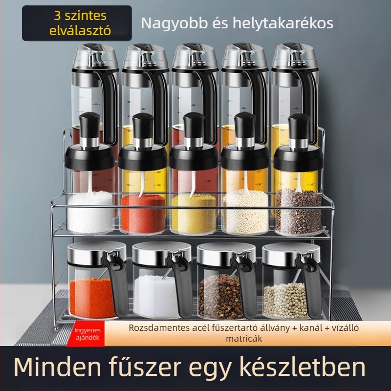 Üveg fűszertartó készlet sóval és olaj/ecet üvegekkel – konyhai tároló készlet