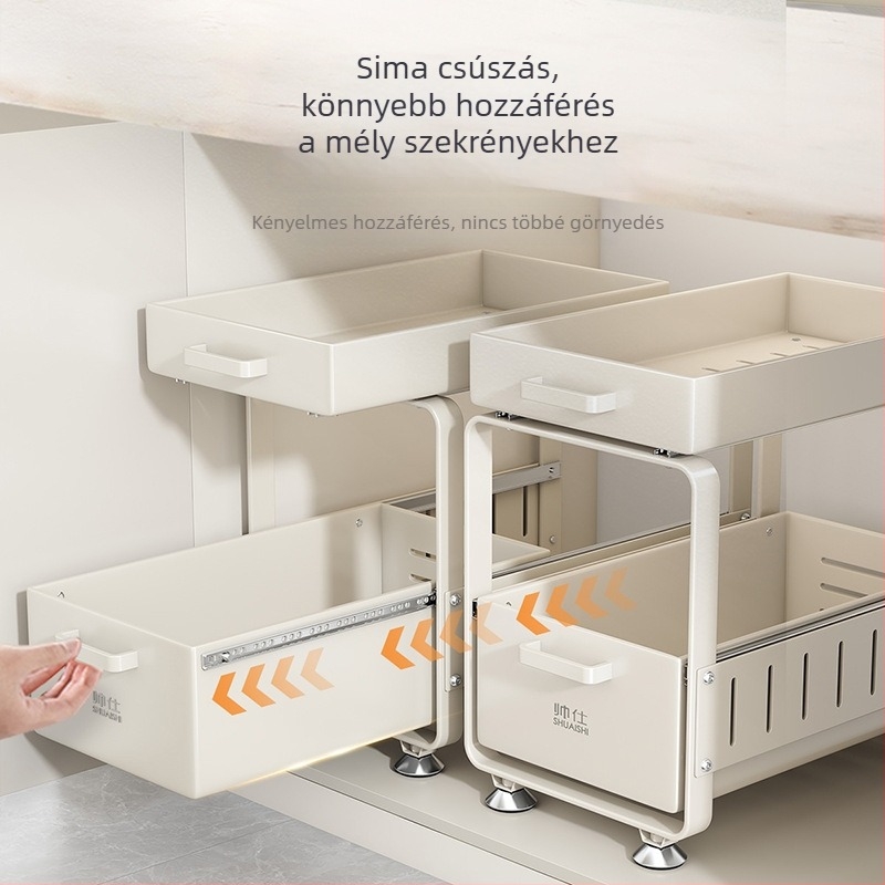 Új, alsó mosogató alatti, többszintes kihúzható tárolóállvány fűszerekhez, poharakhoz és tálakhoz