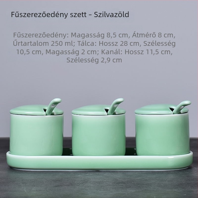 3 részes kerámia fűszertartó készlet fedővel és kanállal, celadon bevonattal, sóhoz, MSG-hez és fehér cukorhoz