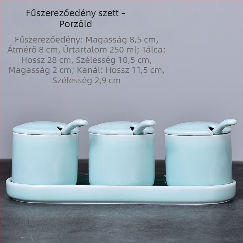 3 részes kerámia fűszertartó készlet fedővel és kanállal, celadon bevonattal, sóhoz, MSG-hez és fehér cukorhoz