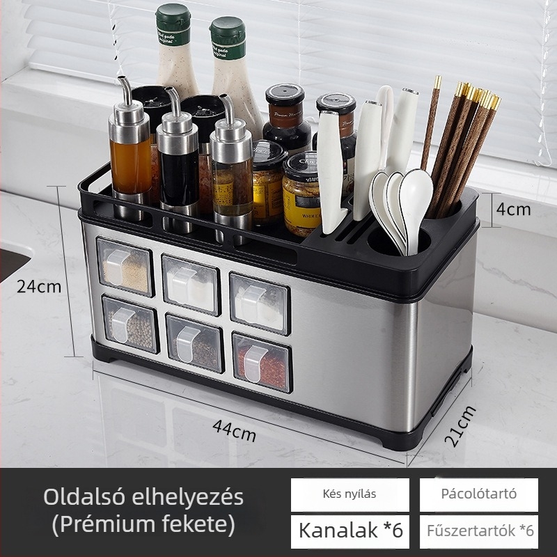 Rozsdamentes acélból készült konyhai fűszertároló készlet, asztali polccal és kés-tartóval