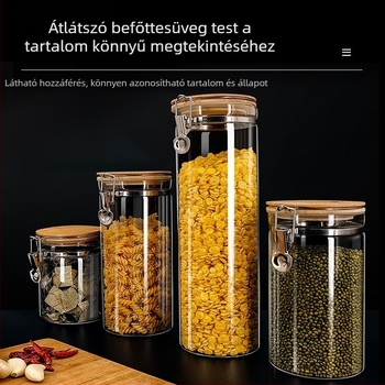 Konyhai átlátszó üveg zárható tároló – gabonafélék, diófélék, nassolnivalók és kávébab tárolására