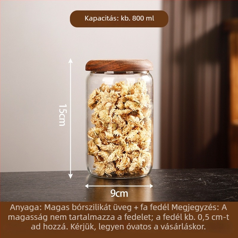 Otthoni használatra tervezett boroszilikát üveg, légmentesen záródó fedővel, konyhai tárolásra: szárított gyümölcsök, nassolnivalók, fűszerek és lekvárok