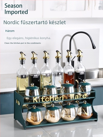 Üveg konyhai fűszertartó készlet – olaj, só, szósz és ecet üvegekkel, tároló dobozzal, háztartási használatra