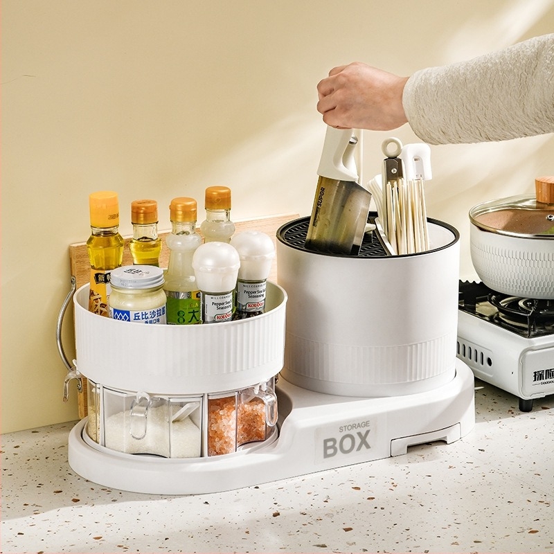 Konyhai forgó fűszeres polc kés-tartóval és többfunkciós evőpálcika tároló doboz
